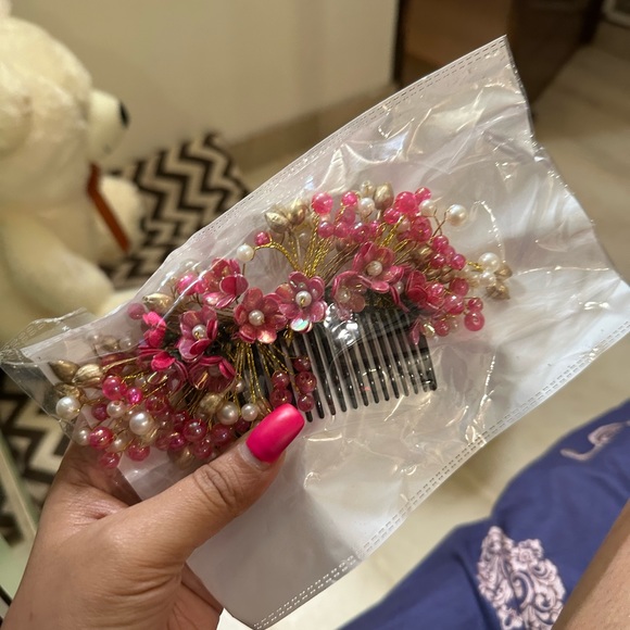 Designer Small Flower Gajra Style Designed With Metals, Pearls Bridal Hairclip - Picture 6 of 6